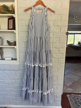 Eliza J Striped Tiered Tassel Trim Halter Style Maxi Dress Size 8